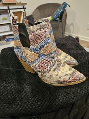 Multi-Color Snakeskin Pointed Toe Ankle Boots